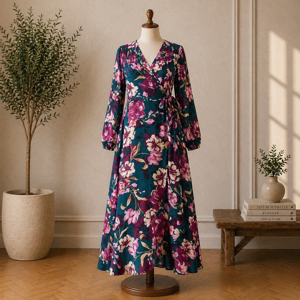 NWT Band of the Free Pine Plum Floral‎ Wrap Maxi Dress W3K37867 Small